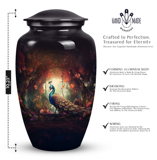 Medium-sized peacock themed urn for human ashes, ideal for cremation ashes of men or as a fatherly remembrance.