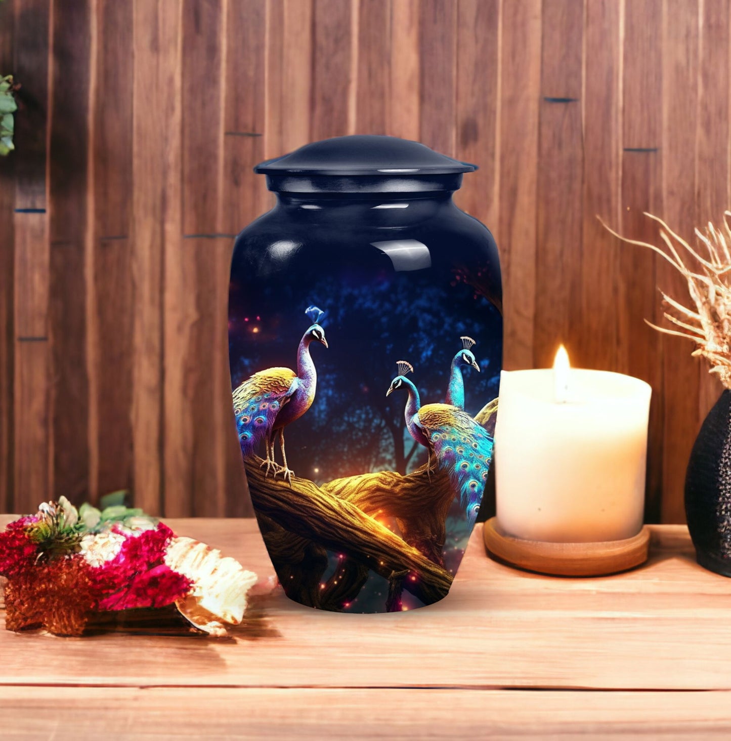 Medium size peacock-themed decorative urn crafted from metal, suitable for burial in ground, unique and portable for human ashes