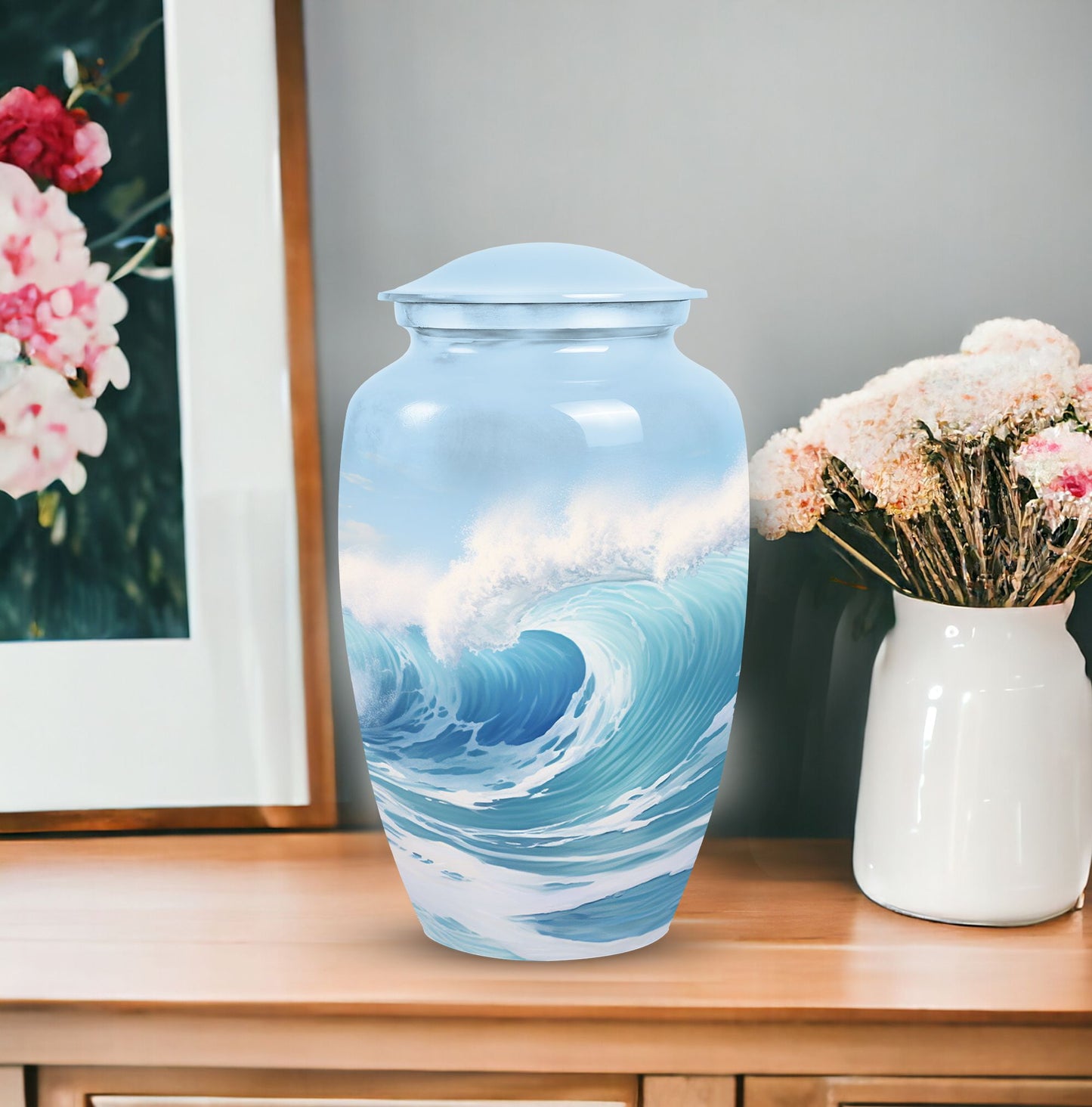 Blue Ocean Waves Urn, a large funeral urn for adult female ashes, perfect cremated remains box for mother
