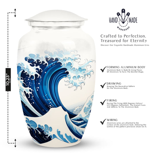 White Ocean Waves Cremation Urn for Mom's ashes, suitable for burial in ground