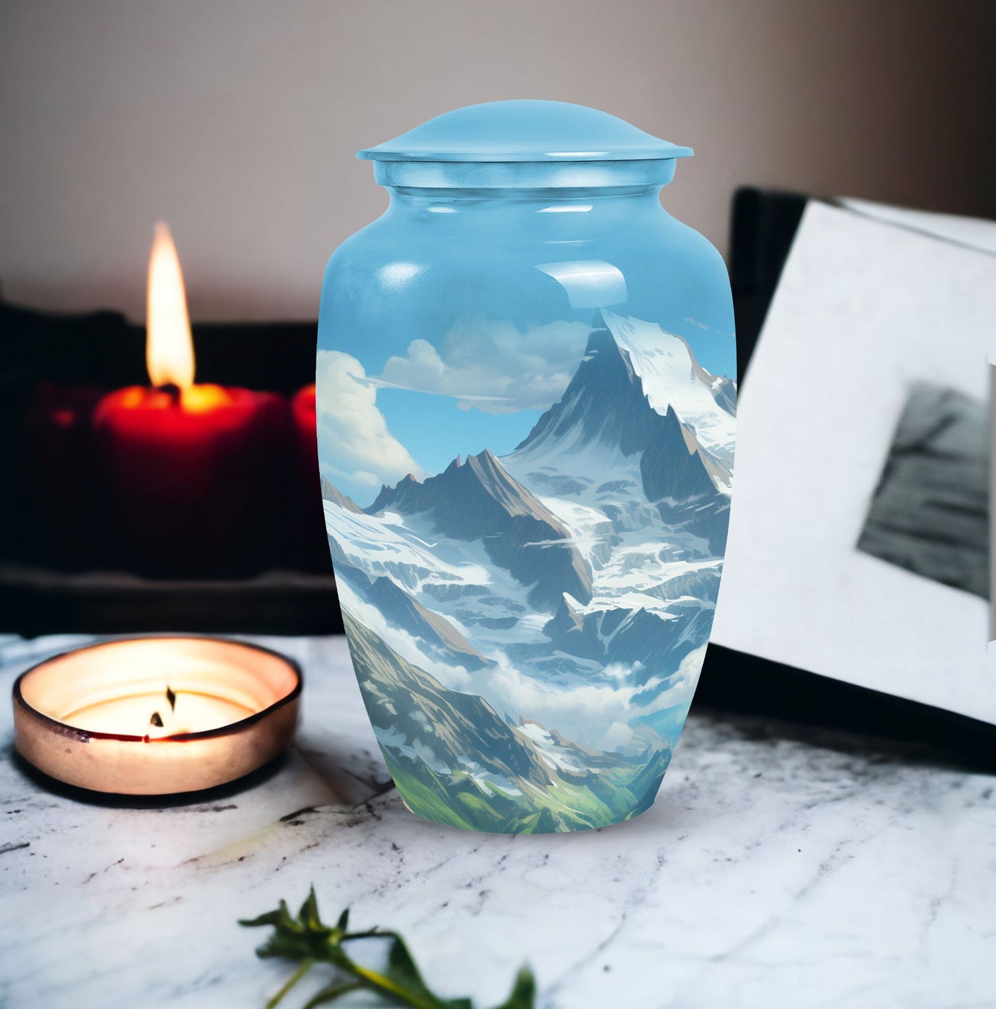 A beautiful, large Valley Urn in blue used as a cremation urn for burial of adult human ashes