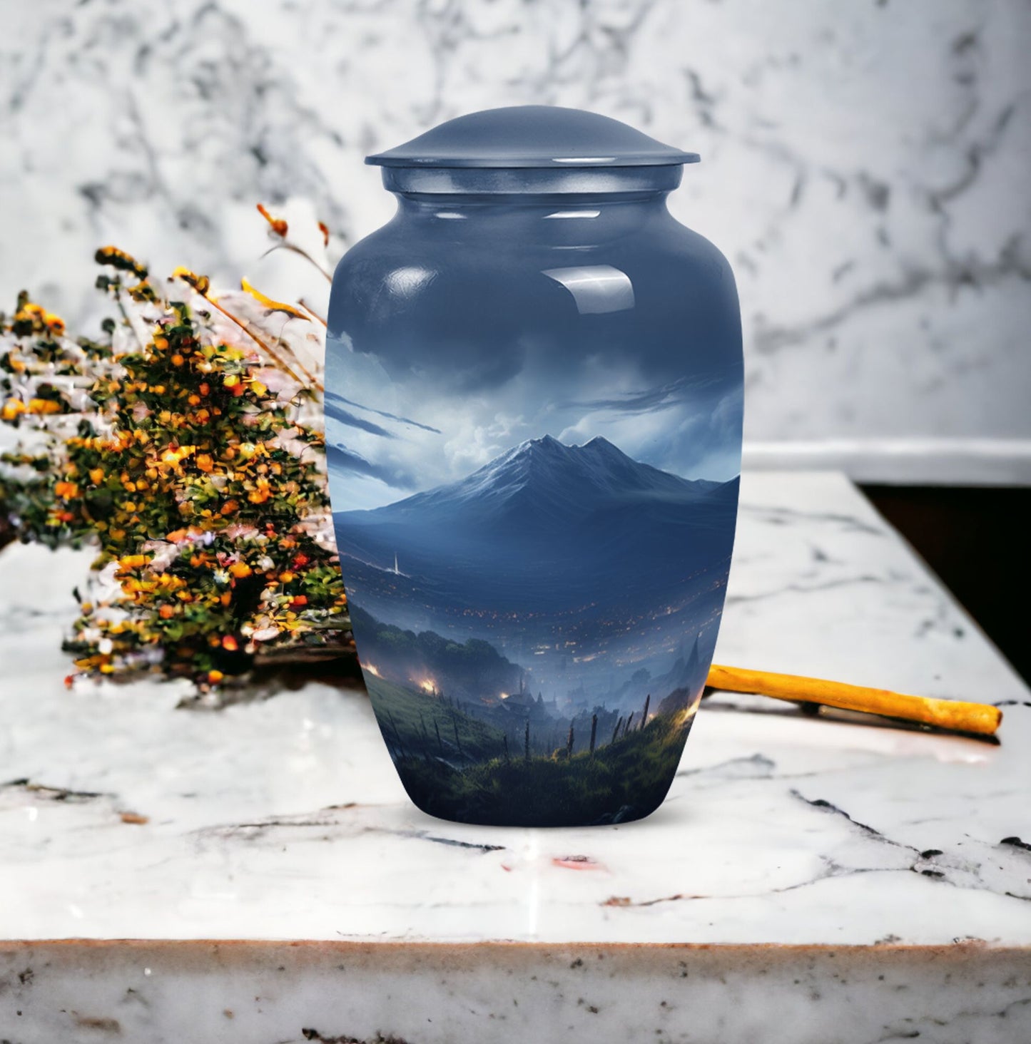 Large, gray Landscape Urn ideal as Cremation Container for Human Ashes, suitable for burial of adult female ashes