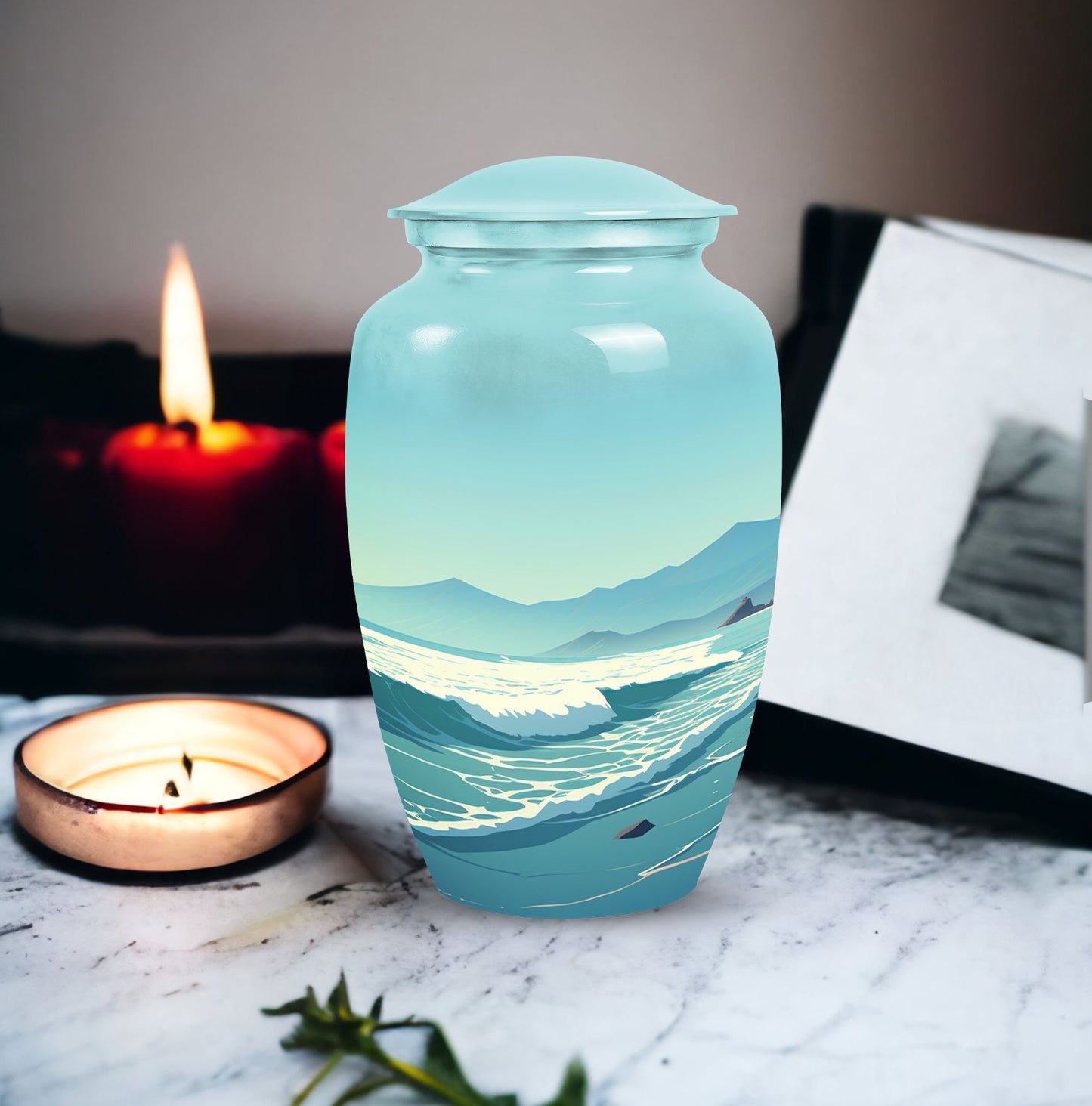 Large mountain-themed burial urn for adult human ashes, suitable for both men and women