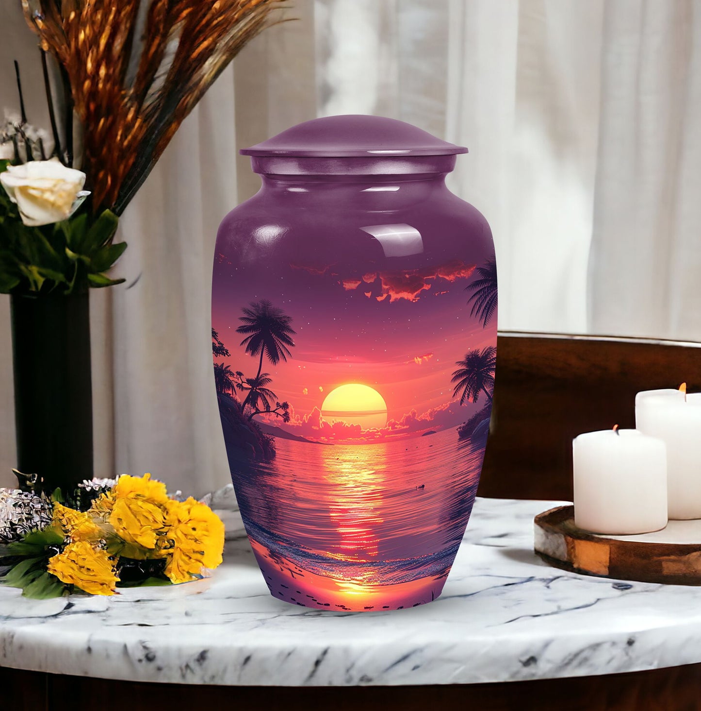 Purple urn dedicated for female adult ashes, suitable for burial in ground, depicted with sun symbol, ideal for mom's remembrance