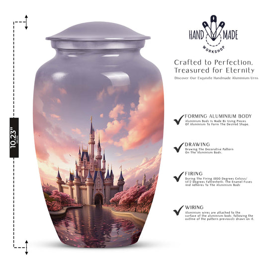 Miniature funeral urn featuring a dreamy castle design, suitable for storing ashes of a beloved adult