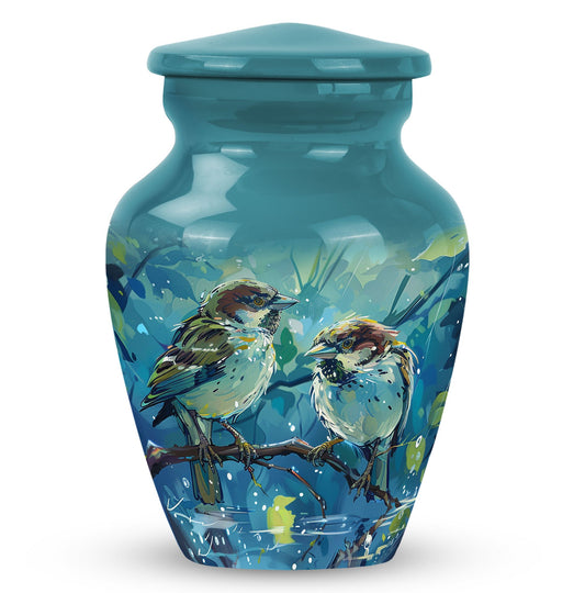 Bird Sparrow Urn for Human Ashes, Two Sparrows on Branch, Teal Foliage Memorial Urn