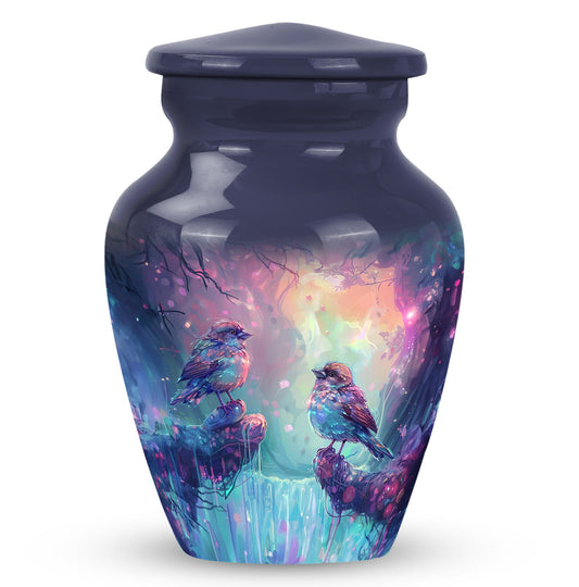 Bird Urn for Ashes, Two Songbirds in Mystical Glowing Forest, Memorial Urn