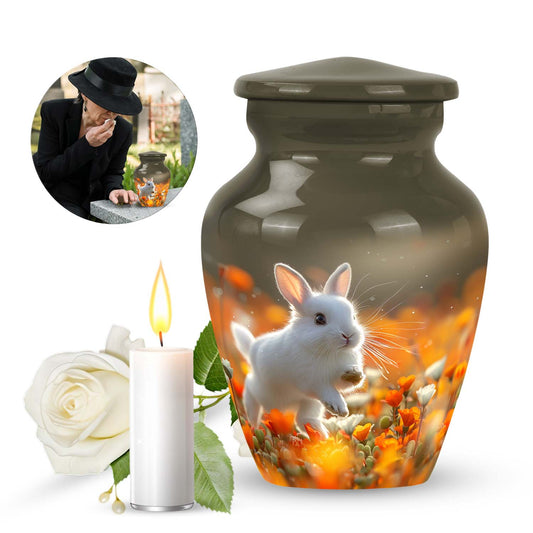 Rabbit Urn for Pet Ashes, White Rabbit Hopping Through Marigolds, Memorial Urn