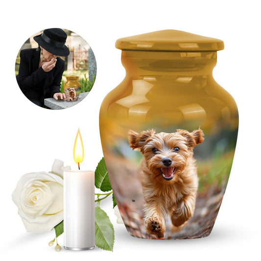 Dog Urn for Pet Ashes, Terrier Puppy in Autumn Leaves, Memorial Cremation Urn