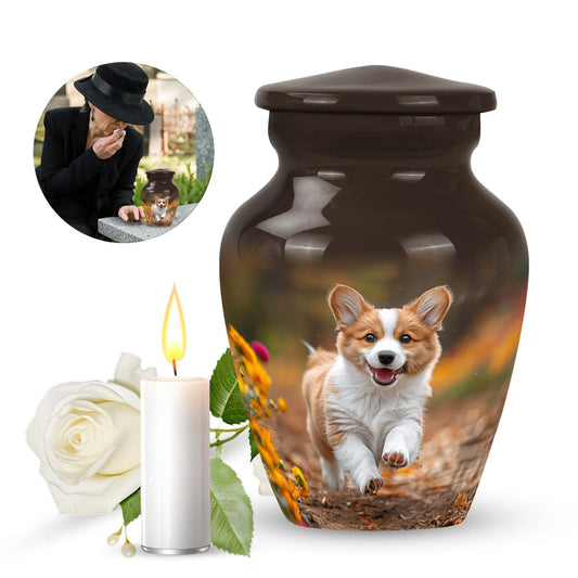 Dog Urn for Pet Ashes with Corgi Puppy Running Through Autumn Leaves, Classic Memorial Urn