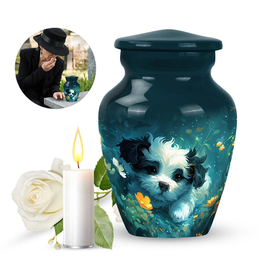 Dog Urn for Pet Ashes, Black and White Puppy in Yellow Flowers, Memorial Urn