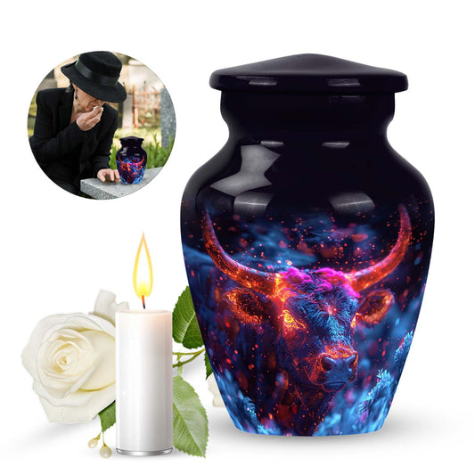 Bull Urn for Ashes, Neon Lit Head with Prominent Horns, Memorial Urn