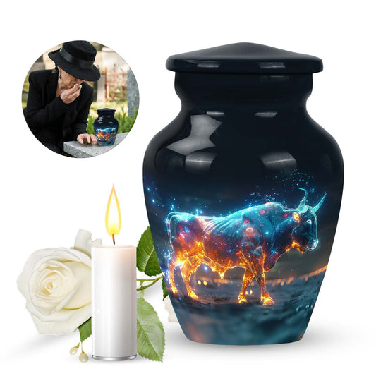 Bull Urn for Human Ashes, Glowing Horned Standing in Water, Cremation Urn