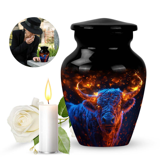 Bull Urn for Human Ashes with Fiery Horned Head Illustration, Memorial Cremation Urn