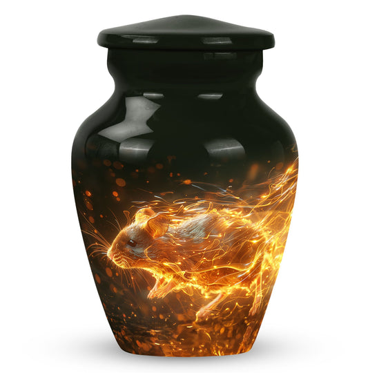 Mouse Urn for Human Ashes, Fiery Orange Running with Flame Outline, Black Cylindrical Urn