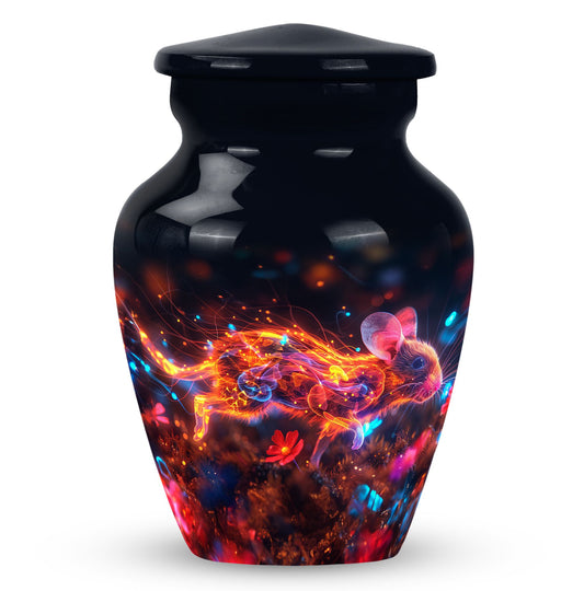 Mouse Urn for Ashes, Glowing Fiery Figure with Sparks, Dark Memorial Urn