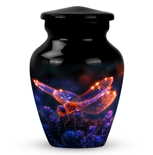 Dragonfly Urn for Ashes, Glowing Orange on Flowers with Dark Bokeh, Black Gloss Urn