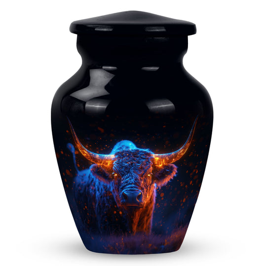 Bull Urn for Human Ashes, Long Horned Bull Glowing Blue and Orange, Black Urn