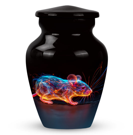 Mouse Urn for Human Ashes, Glowing Neon Blue Orange Figure, Black Glossy Urn