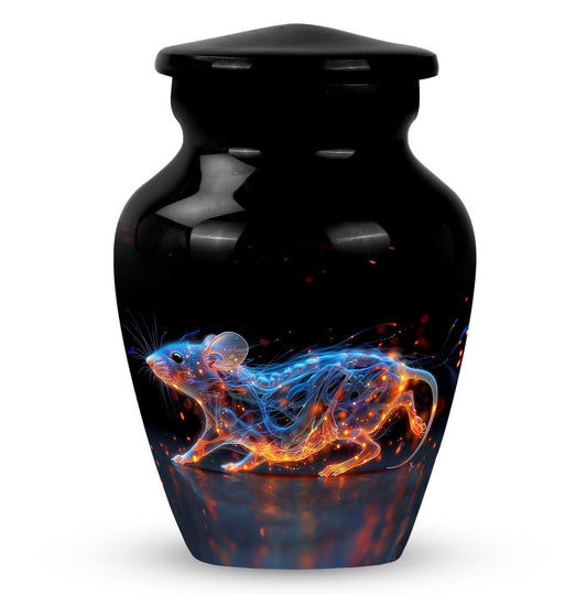 Mouse Urn for Human Ashes, Glowing Neon Figure on Glossy Black, Memorial Urn