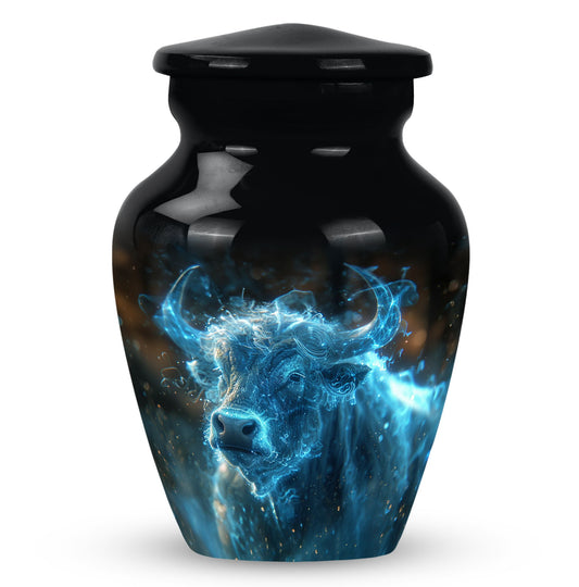 Bull Urn for Ashes with Glowing Blue Bull, Black Gloss Memorial Urn