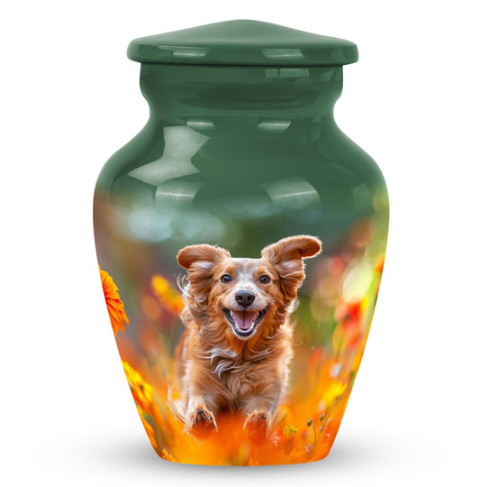 Dog Urn for Pet Ashes with Dog Among Orange Flowers, Memorial Urn