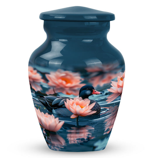 Bird Urn for Human Ashes with Swimming Duck and Pink Lilies, Cremation Urn