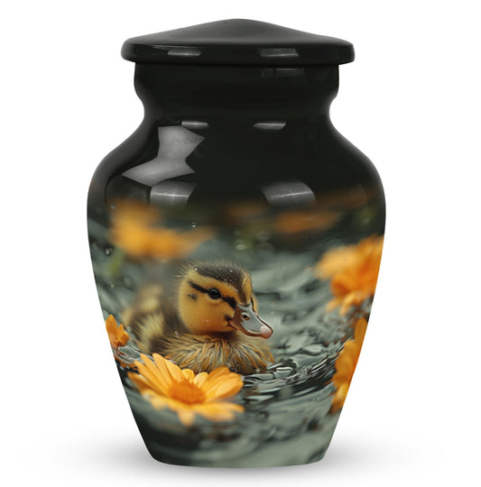 Bird Urn for Human Ashes, Baby Duckling Among Orange Flowers, Memorial Urn