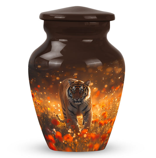 Tiger Urn for Human Ashes, Tiger Walking Through Orange Bokeh Field, Memorial Urn
