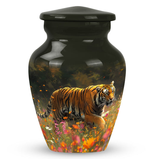Tiger Urn for Human Ashes, Tiger in Wildflower Meadow, Memorial Urn