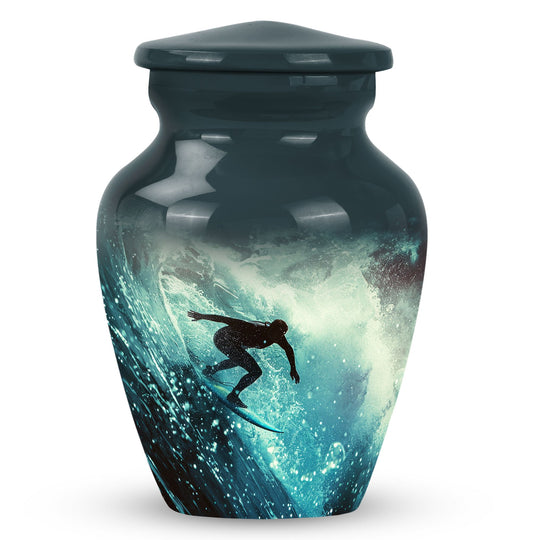 Surfing Urn for Human Ashes, Surfer on Large Blue Wave, Memorial Urn