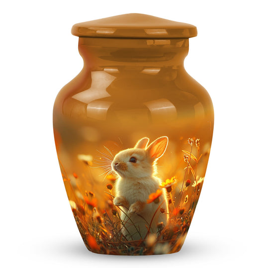 Rabbit Urn for Pet Ashes, Cream Rabbit in Golden Flower Field, Cremation Urn