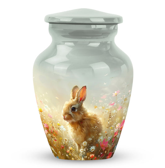 White Rabbit Urn for Pet Ashes with Baby Bunny in Floral Meadow, Memorial Cremation Urn