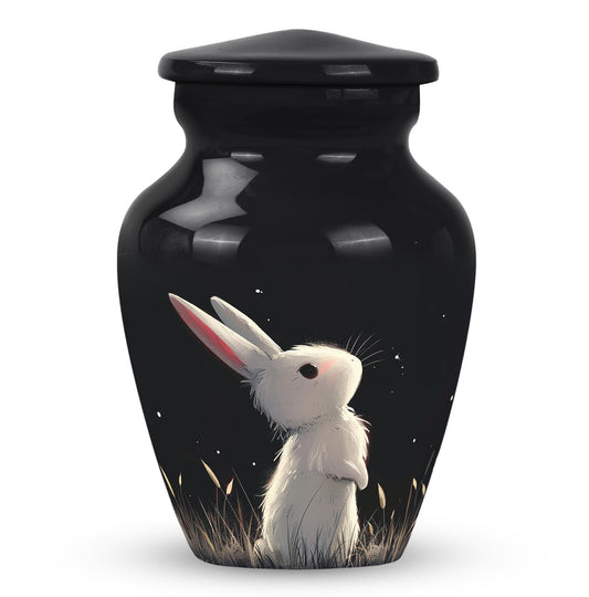 Pet Urn for Pet Ashes, White Bunny Sitting in Grass at Night, Black Classic Urn