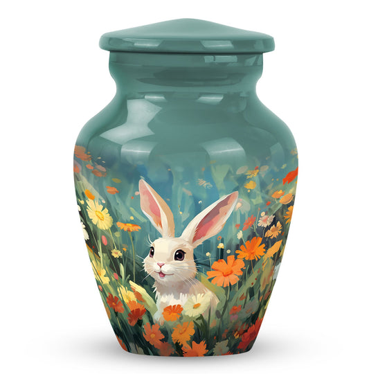 Rabbit Urn for Pet Ashes, White Bunny in Orange Flowers, Memorial Urn