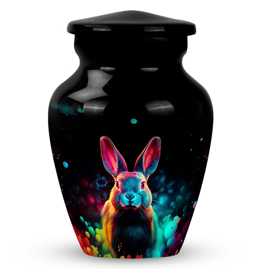 Rabbit Urn for Pet Ashes, Rainbow Rabbit Illustration, Black Classic Urn