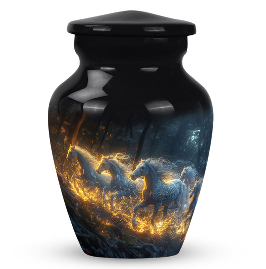 Horse Memorial Urn for Human Ashes, Three Galloping Fiery Horses, Cremation Urn