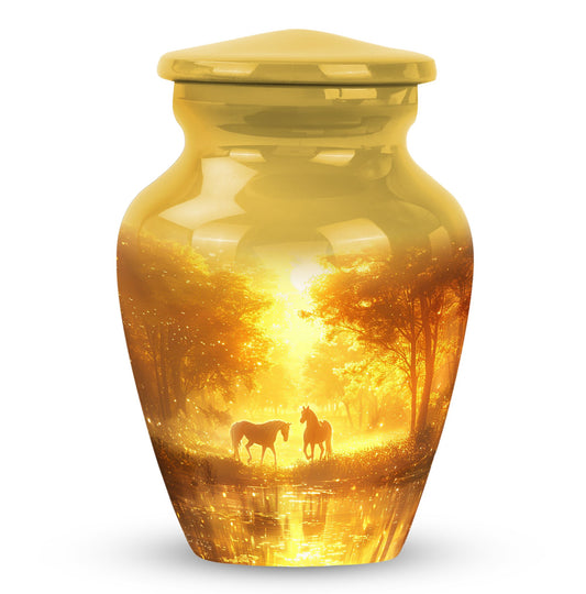 Horse Urn for Human Ashes, Two Silhouetted in Golden Sunset Forest, Cremation Urn