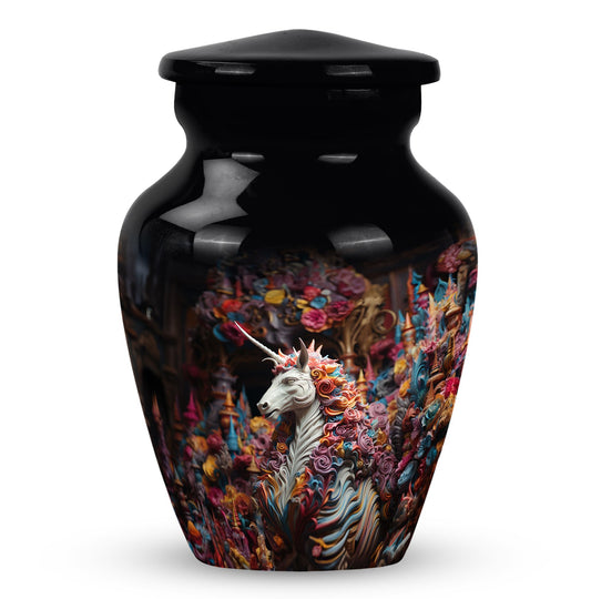 Unicorn Urn for Ashes with White Sculpture and Colorful Flowers, Memorial Cremation Urn