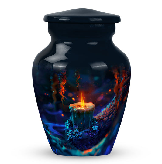 Candle Urn for Ashes, Lit Glowing Amid a Fantasy Scene, Memorial Urn
