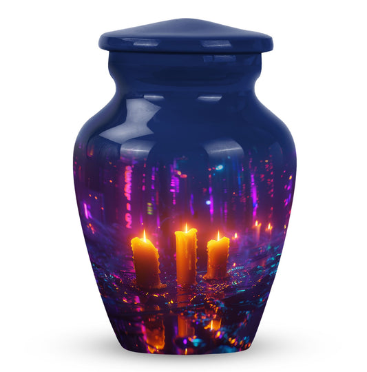 Candle Urn for Human Ashes, Three Golden Candles Against Neon Purple, Memorial Urn
