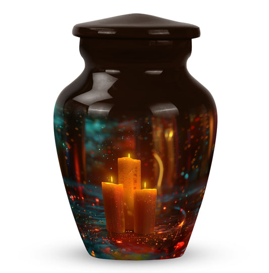 Candle Urn for Ashes, Three Glowing Candles and Sparkling Bokeh, Cremation Urn