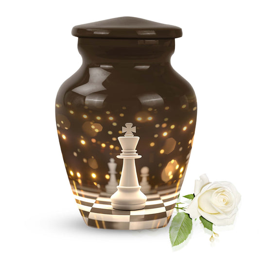 Chess Urn for Human Ashes, Gold King Chess Piece amid Sparkling Bokeh, Memorial Urn