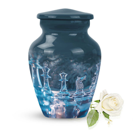 Chess Urn for Human Ashes with Teal King Knight and Queen Pieces, Memorial Cremation Urn