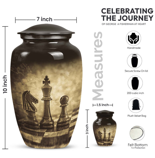 chess-themed aluminum cremation urn,