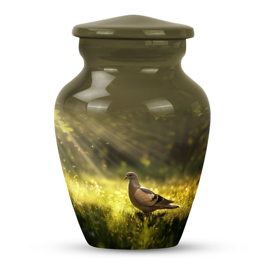 Bird Urn for Human Ashes, Brown Dove Standing in Sunlit Grass, Olive Toned Urn