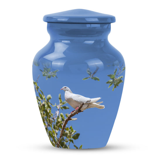 Bird Urn for Ashes, White Perched Against a Blue Sky, Cremation Urn