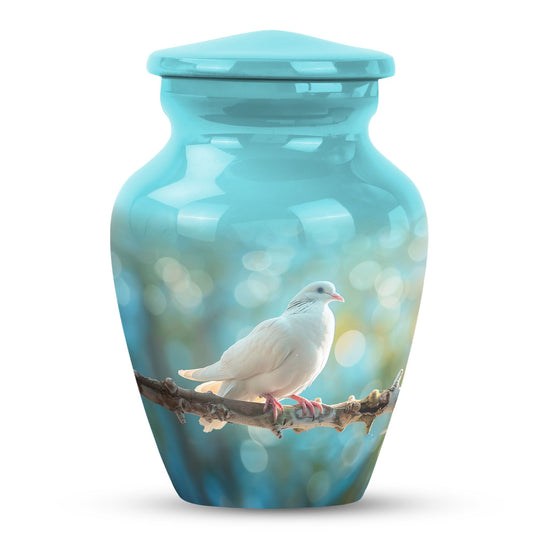 Bird Urn for Human Ashes, White Dove with Teal Bokeh, White Cremation Urn