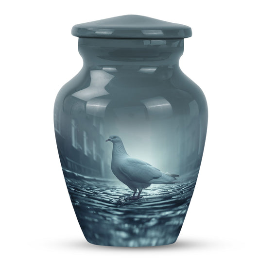 Bird Urn for Human Ashes, White Dove in Misty Blue Water, White Memorial Urn