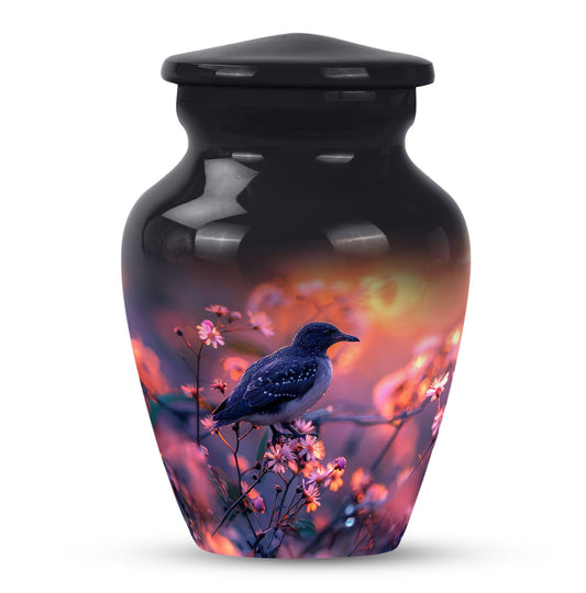 Bird Urn for Human Ashes, Dark on a Flowering Branch at Sunset, Pink Memorial Urn